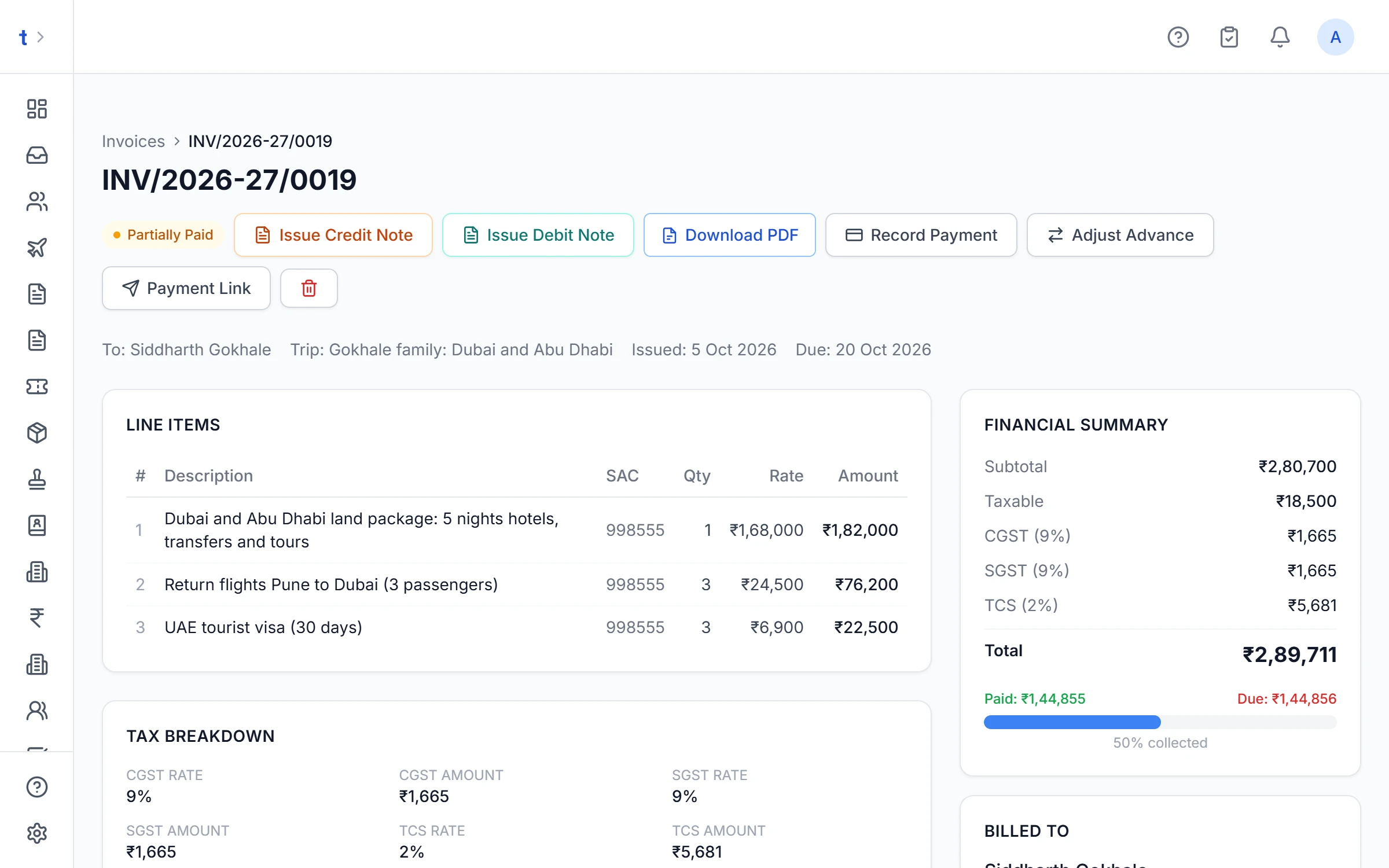 GST invoice where tax applies only to the service charge, with TCS