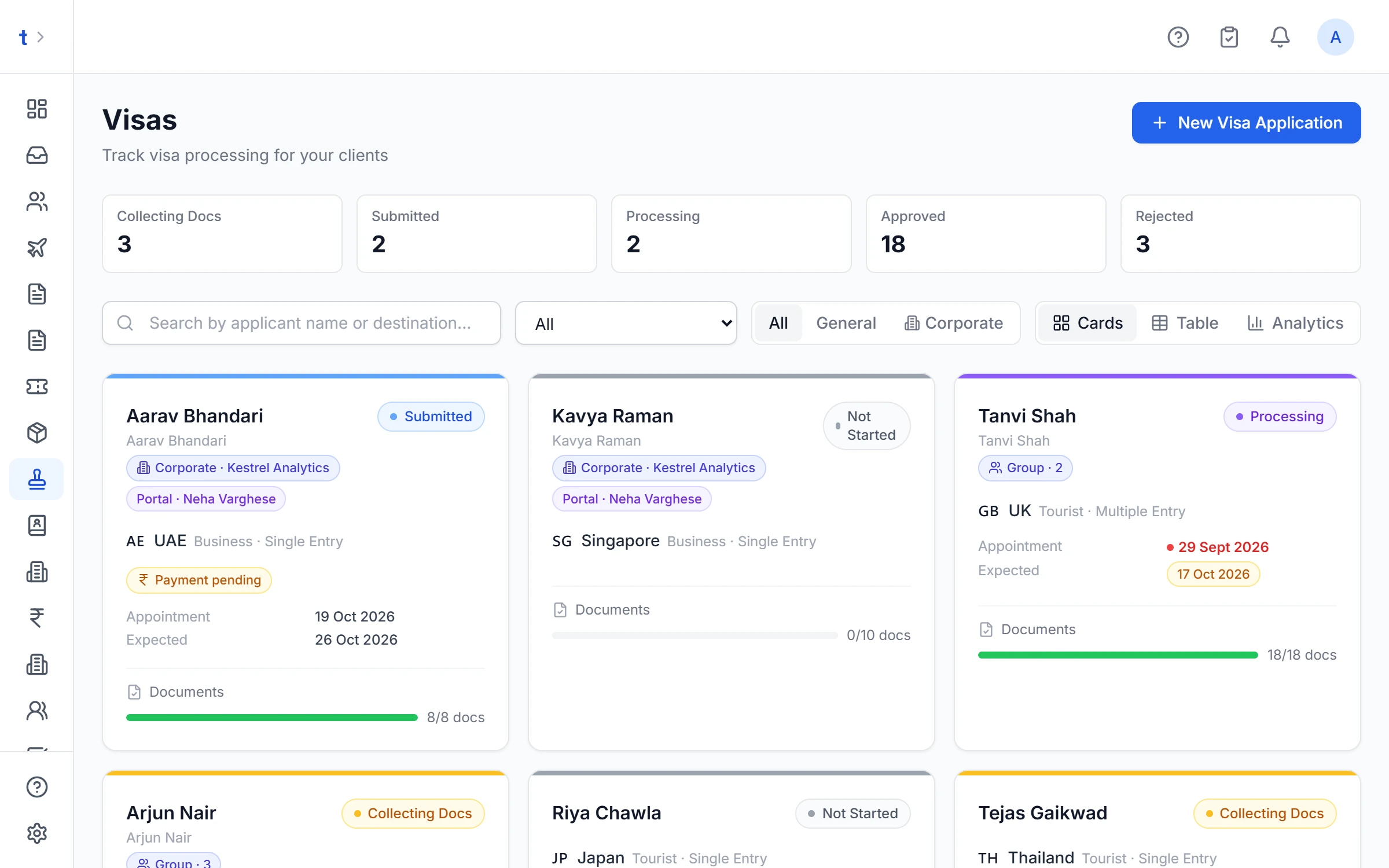 Visa files as cards with stage, document progress, payment status and group or corporate tags
