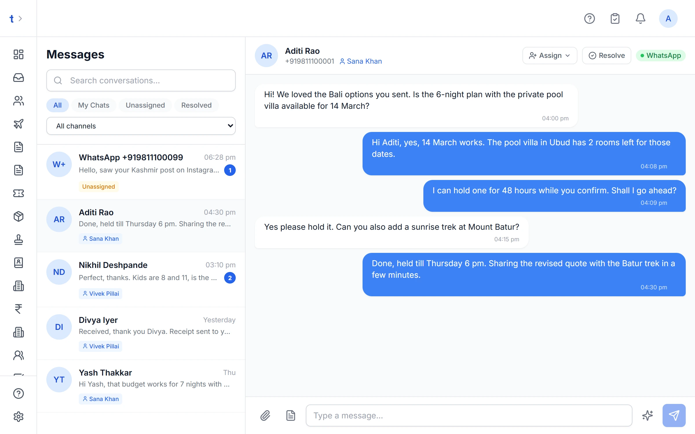 WhatsApp inbox with conversations grouped by contact and assigned to team members